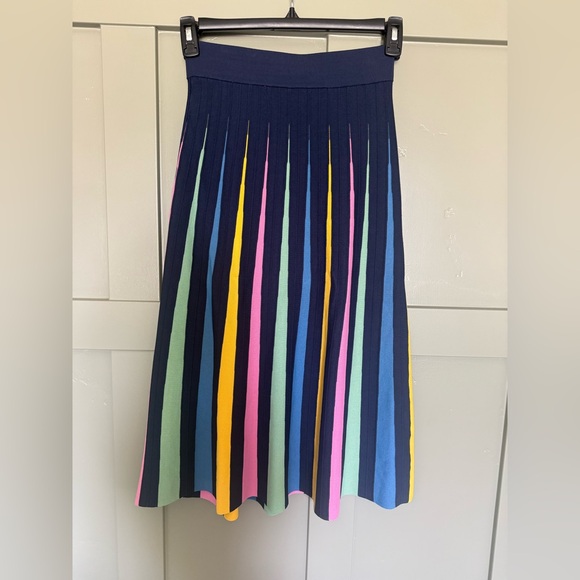 Anthropologie Dresses & Skirts - Maeve Anthropolgie Navy Rainbow Multi-Stripe Pleated Midi Skirt Size Small